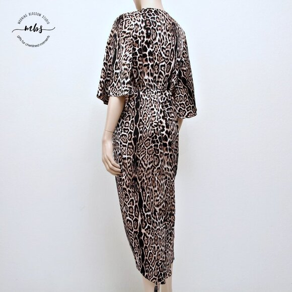 NWT Lucca Couture Cheetah V Neck Bell Sleeve Draped Midi Dress - Picture 5 of 14